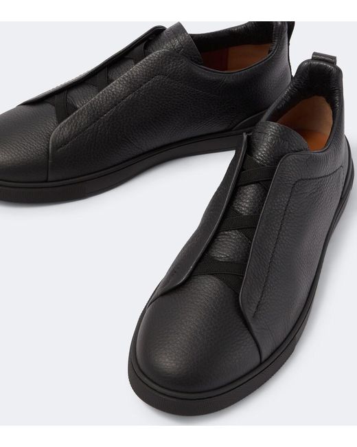 Zegna Black Triple Stitch Leather Sneakers for men