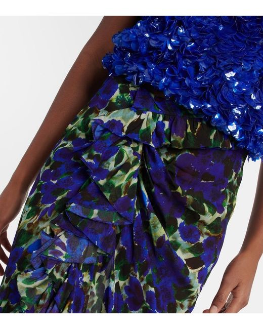 Dries Van Noten Blue Floral Ruffle-Trimmed Satin Midi Skirt