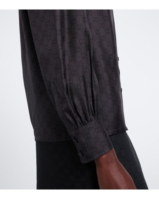 Gucci Black Gg Tie-Neck Silk Twill Blouse