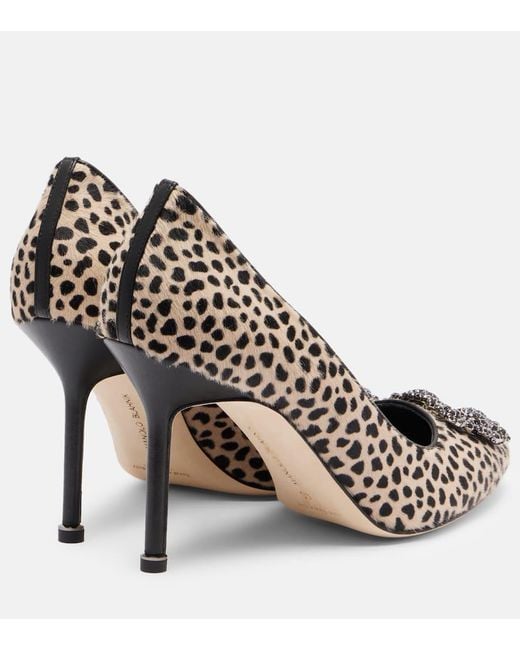 Manolo Blahnik Black Hangisi 90 Leopard-Print Calf Hair Pumps