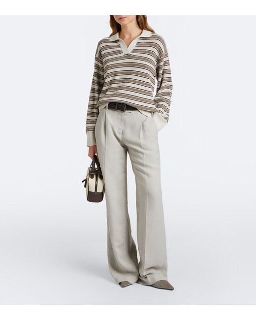 Brunello Cucinelli Gray Striped Cotton-Blend Polo Sweater
