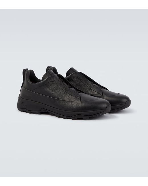 Zegna Black Triple Stitch Leather Sneakers for men