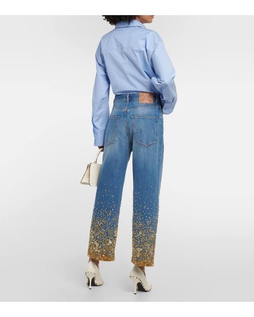 Jeans a gamba larga con perline di Valentino in Blue