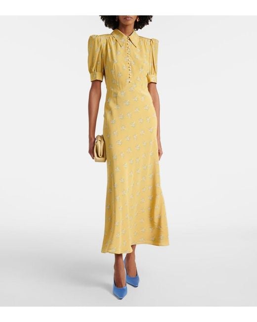Alessandra Rich Yellow Floral Silk Midi Dress