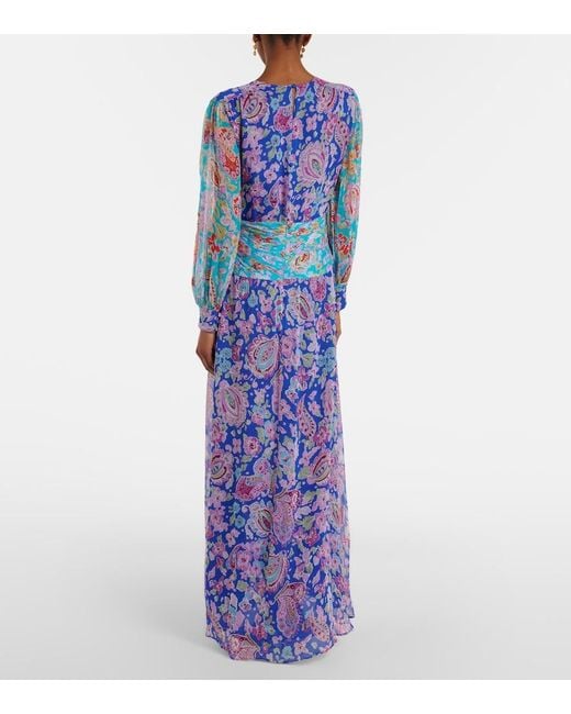 Rixo Blue Meera Floral Gathered Chiffon Maxi Dress