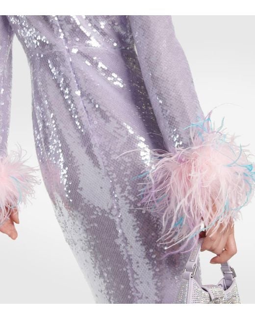 Self-Portrait Purple Feather-Trimmed Sequined Gown