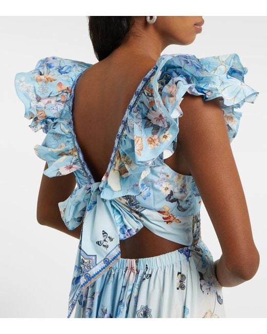 Camilla Blue Ruffled Crystal-Embellished Printed Organic Cotton-Poplin Maxi Dress