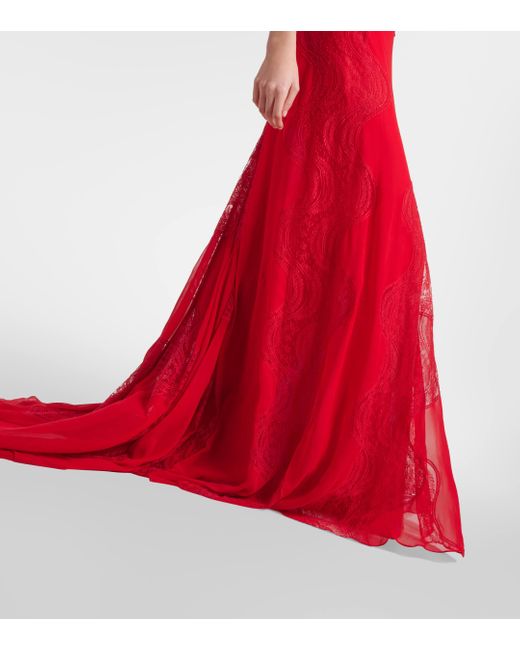 Costarellos Red Dante Lace-trimmed Silk Georgette Gown