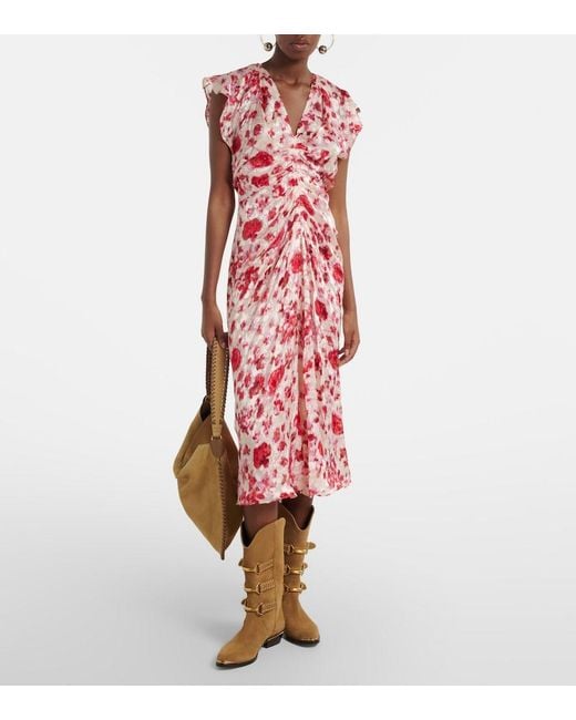 Isabel Marant Red Lindsay Floral Ruched Jacquard Midi Dress