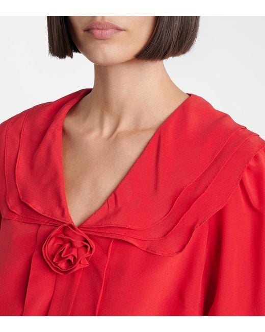 Rixo Red Emelin Floral-Applique Silk Blouse