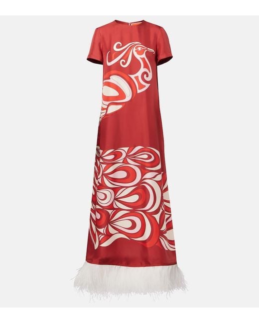 LaDoubleJ Red Swing Feather-Trimmed Silk Maxi Dress