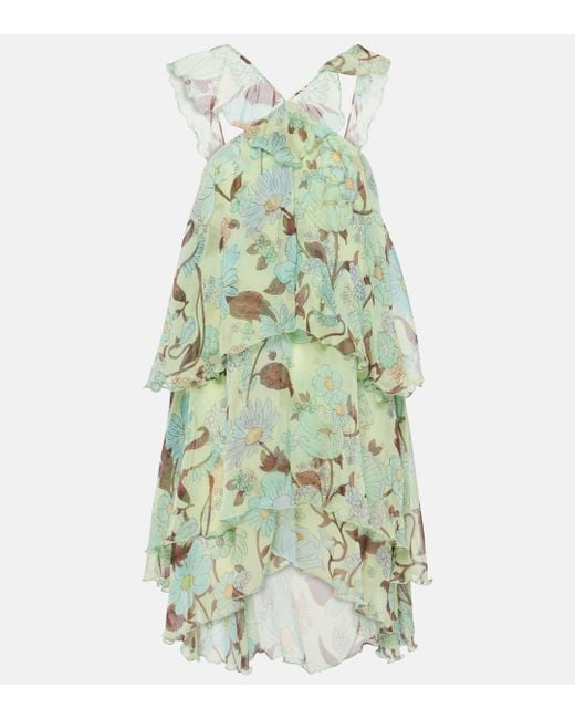 Stella McCartney Green Tiered Printed Silk Minidress