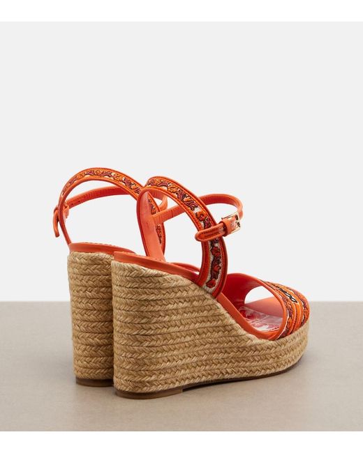Dolce & Gabbana Orange Embroidered Floral Espadrille Wedges