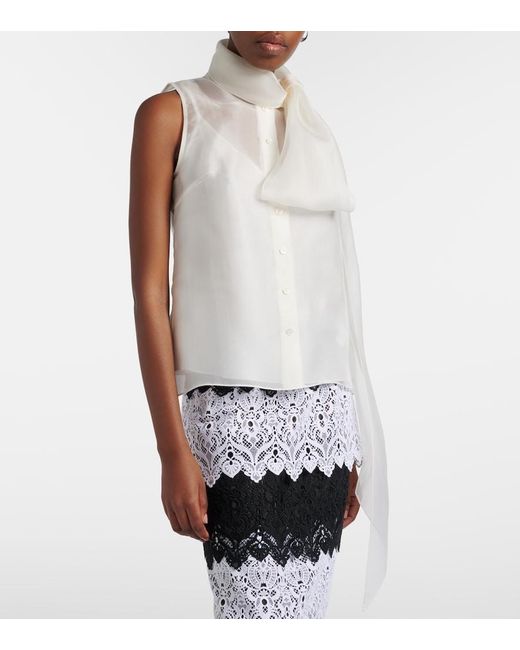 Carolina Herrera White Tie-Neck Silk Top