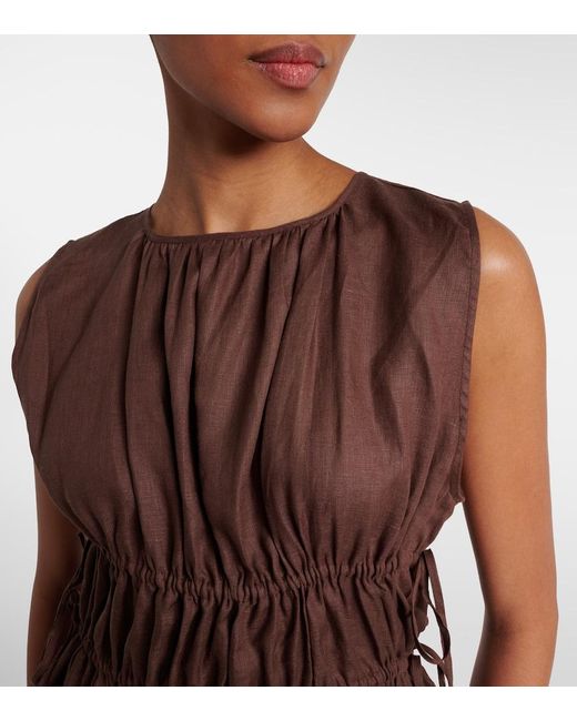 Asceno Brown Gathered Linen Minidress