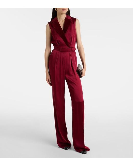 Max Mara Red Scalata Velvet-Trimmed Satin Jumpsuit