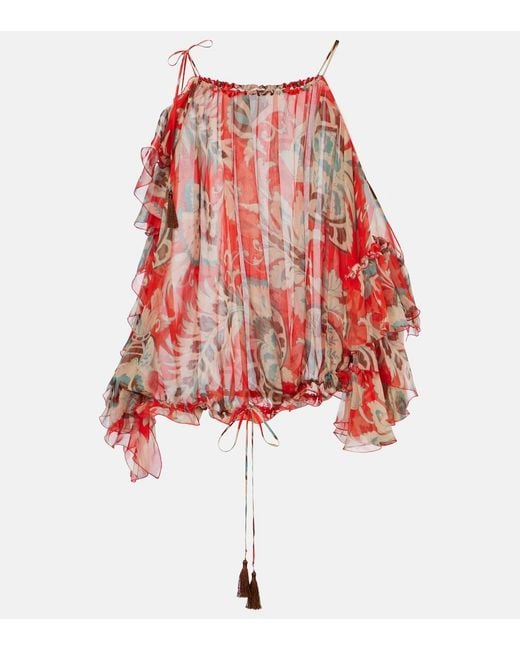 Etro Red Printed Ruffled Silk Top