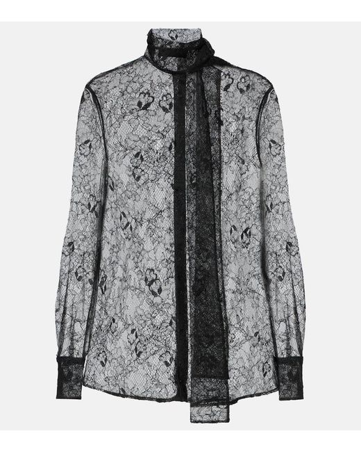 Valentino Black Scarf-Detail Floral Lace Blouse