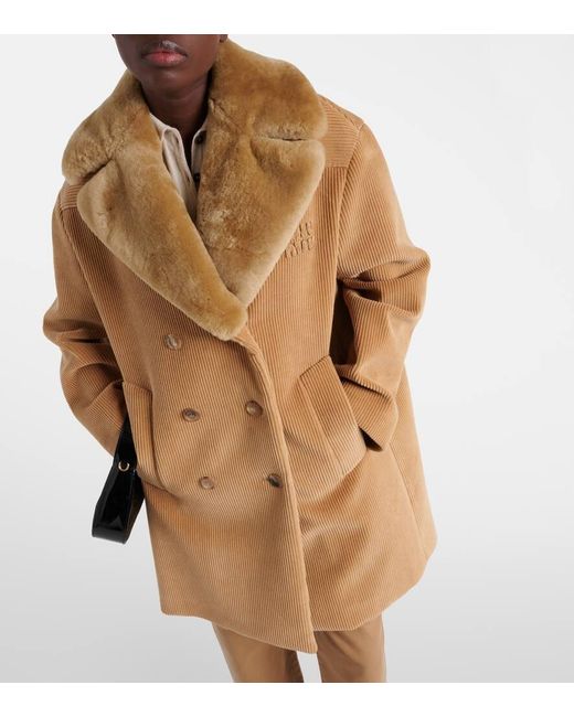 Miu Miu Natural Shearling-Trimmed Corduroy Coat
