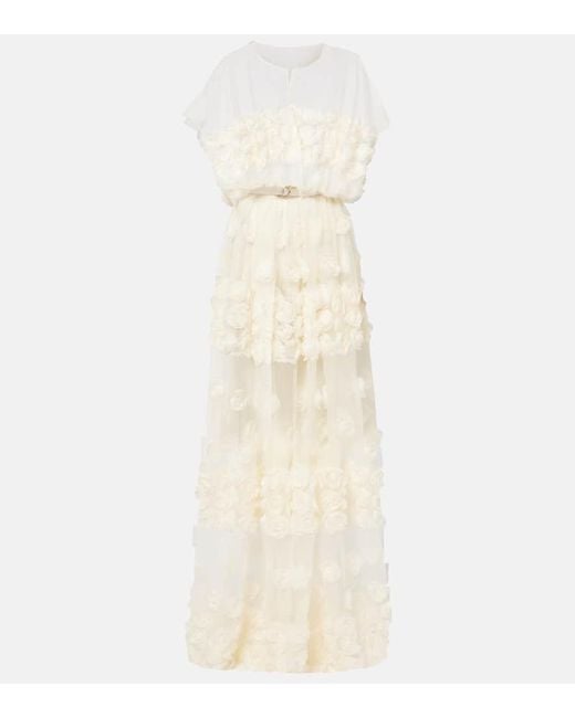 Norma Kamali Natural Floral-Applique Belted Sheer Gown