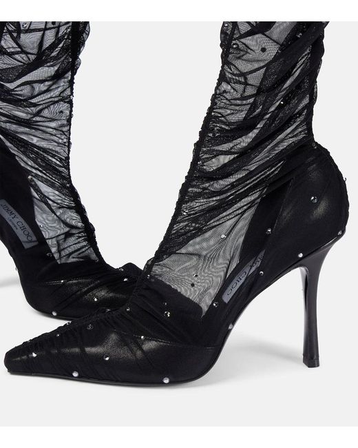 Jimmy Choo Black Lotta 100 Embellished Tulle Over-The-Knee Boots