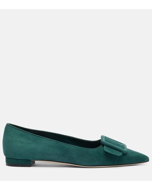 Manolo Blahnik Green Maysale Suede Ballet Flats