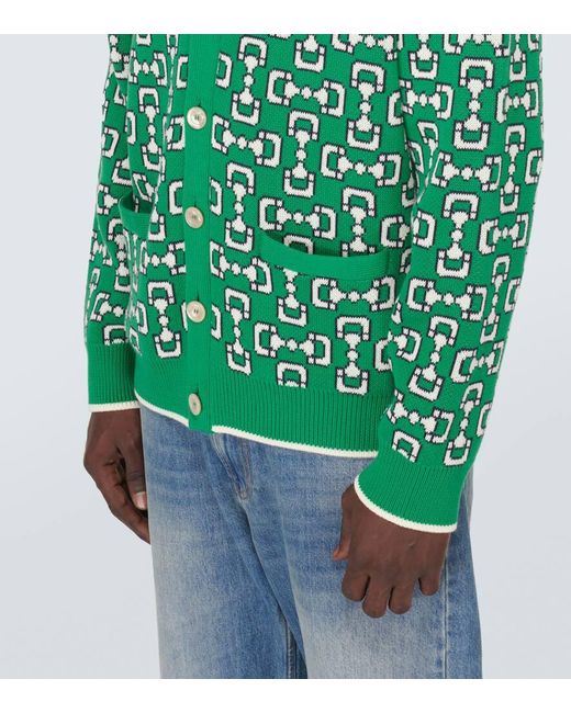 Gucci Green Horsebit Jacquard Cotton Pique Cardigan for men