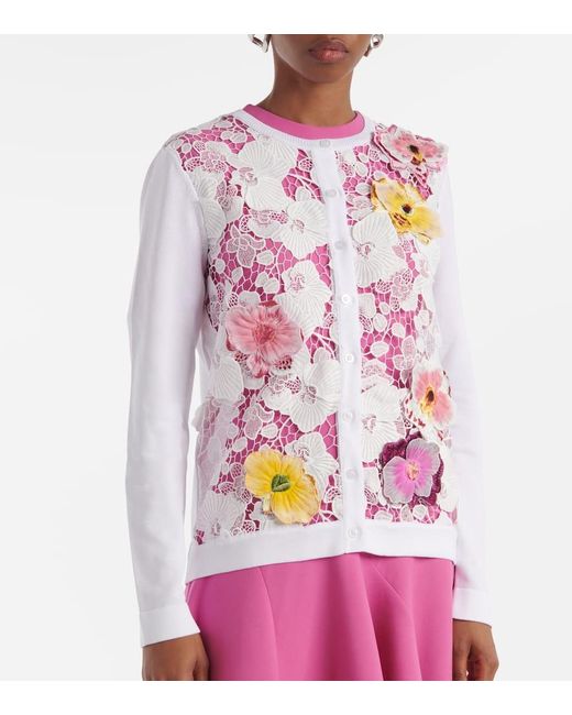 Oscar de la Renta White Floral-Applique Cotton-Blend Cardigan