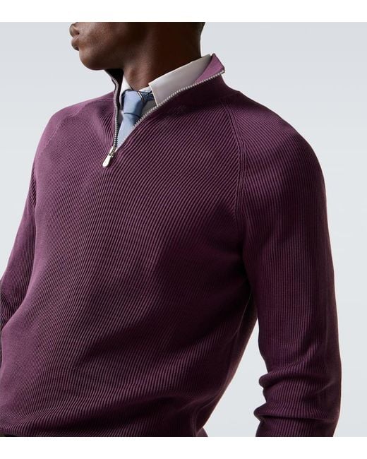Brunello Cucinelli Purple Ribbed-Knit Cotton Half-Zip Sweater for men