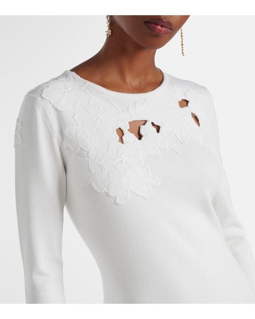 Oscar de la Renta White Lace-Trimmed Asymmetric Midi Dress