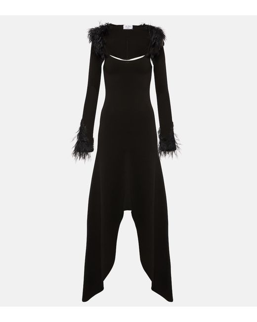 The Attico Black Feather-trimmed Jersey Midi Dress
