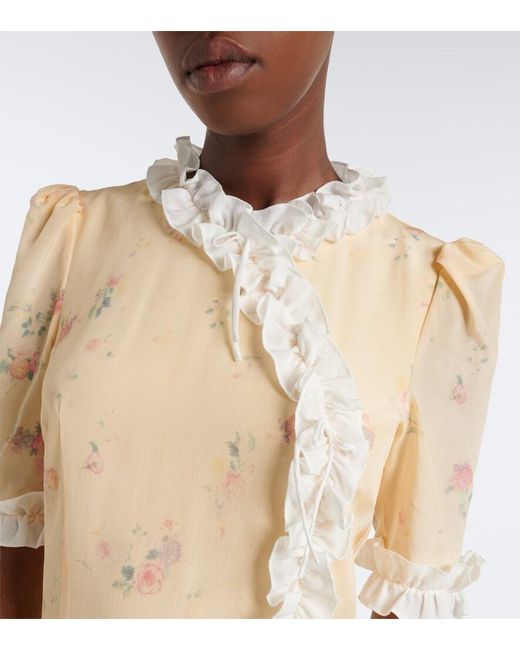 Alessandra Rich Natural Floral Ruffled Silk Midi Dress