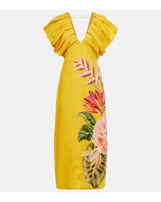 Farm Rio Yellow Spring Awakening Floral Linen Midi Dress