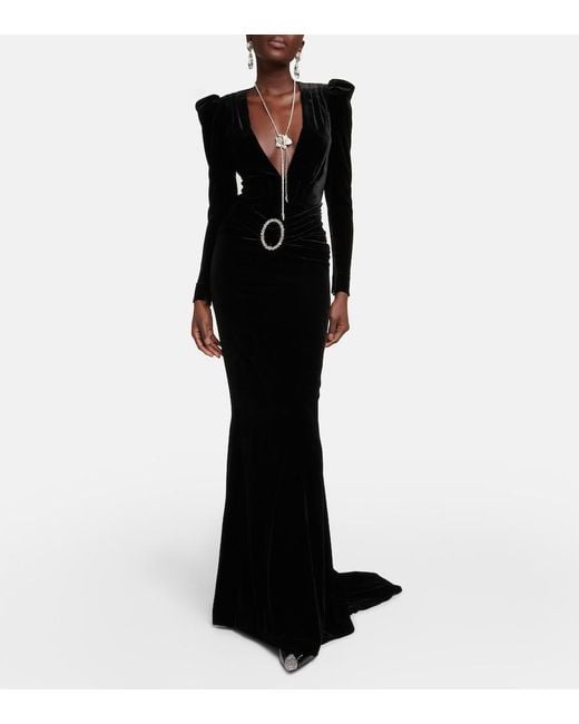 Alessandra Rich Black Deep Neckline Velvet Long Dress
