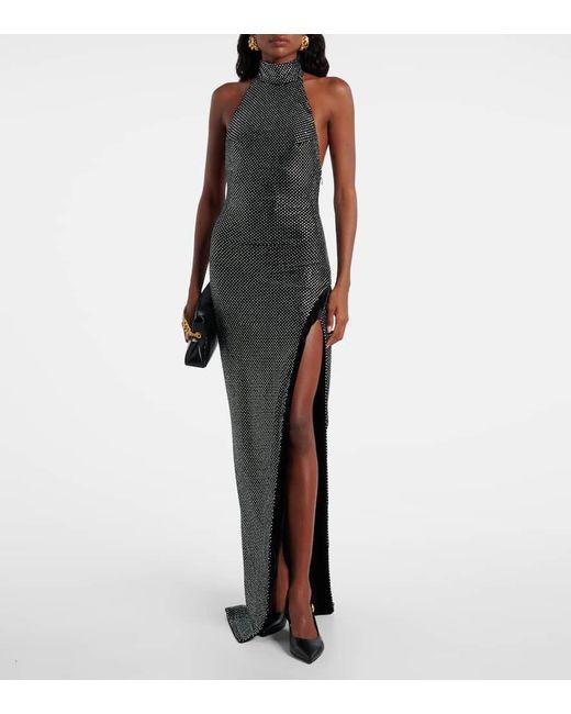 Balmain White Maxikleid Aus Samt Mit Kristallen