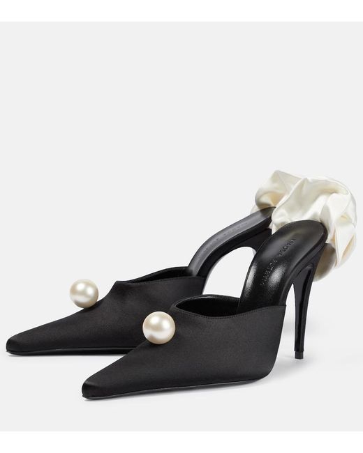 Magda Butrym Black Flower Heels Applique Embellished Satin Mules