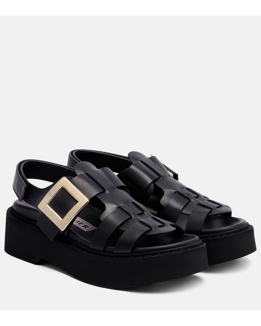 Roger Vivier Black Viv' Rangers Leather Platform Sandals