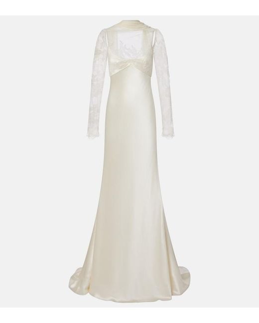 Danielle Frankel White Bridal Esme Lace-Trimmed Silk And Wool Gown