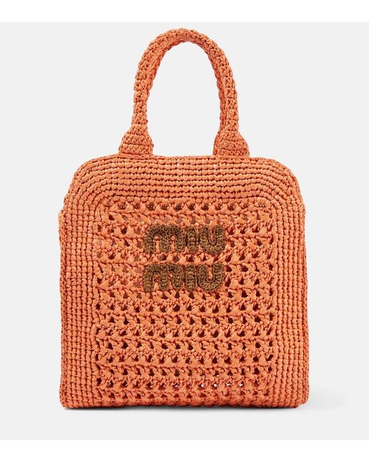 Miu Miu Orange Small Raffia Tote Bag