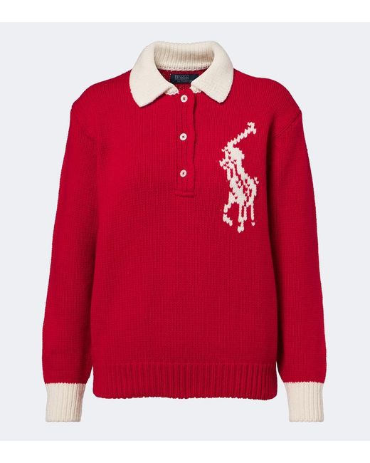 Polo Ralph Lauren Red Big Pony Intarsia Wool Polo Sweater