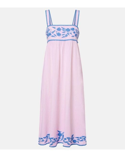 Juliet Dunn Pink Embroidered Cotton And Linen Midi Dress