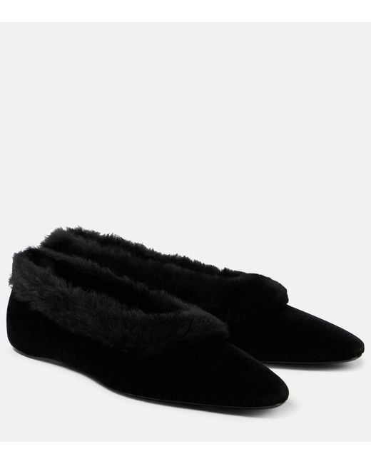 Totême Black Shearling-Edge Flannel Ballet Flats