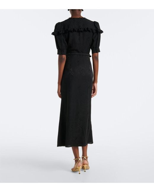 Alessandra Rich Black Belted Silk Jacquard Midi Dress