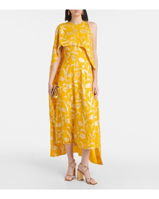 Markarian Yellow Caped Silk-blend Midi Dress