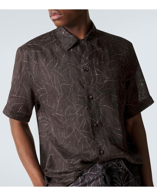 Brioni Black Printed Linen Bowling Shirt for men