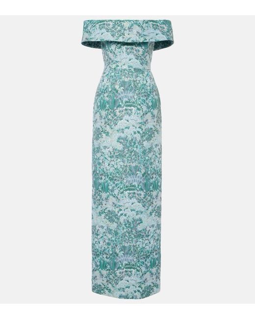 Markarian Blue Clover Floral Off-Shoulder Brocade Gown