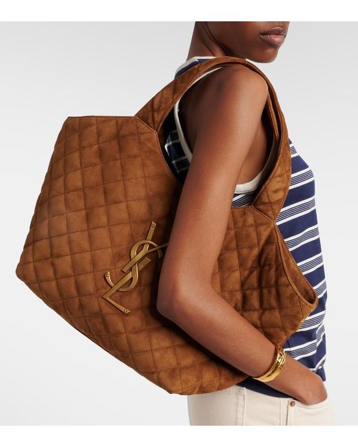 Saint Laurent Brown Icare Medium Quilted Suede Shopper