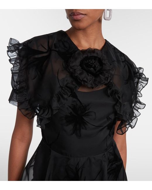 Rodarte Black Ruffled Floral Organza Midi Dress