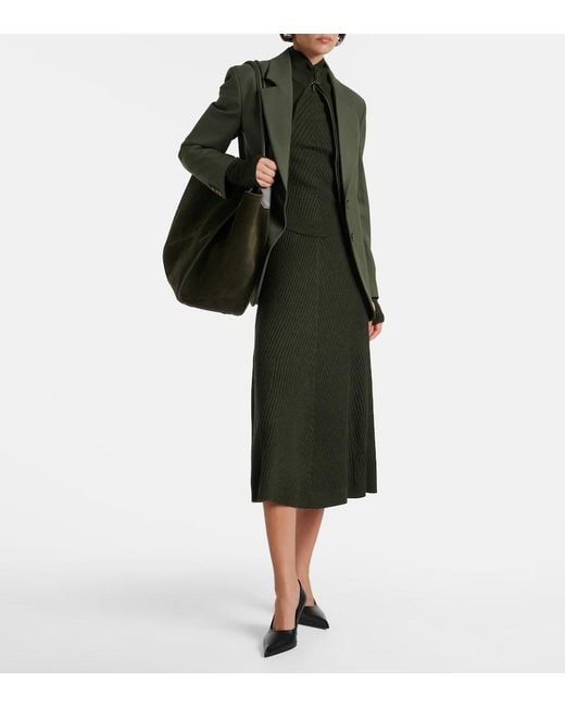 Victoria Beckham Green Ribbed-Knit Wool Midi Skirt