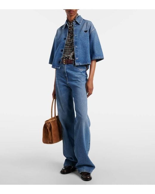 Prada Blue Logo Cropped Denim Shirt
